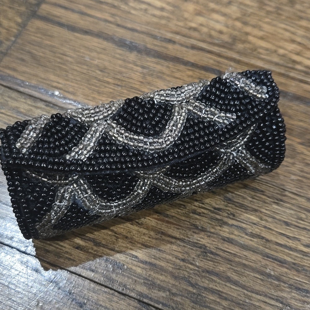 Black and Gold Beaded Lipstick Case with Mirror